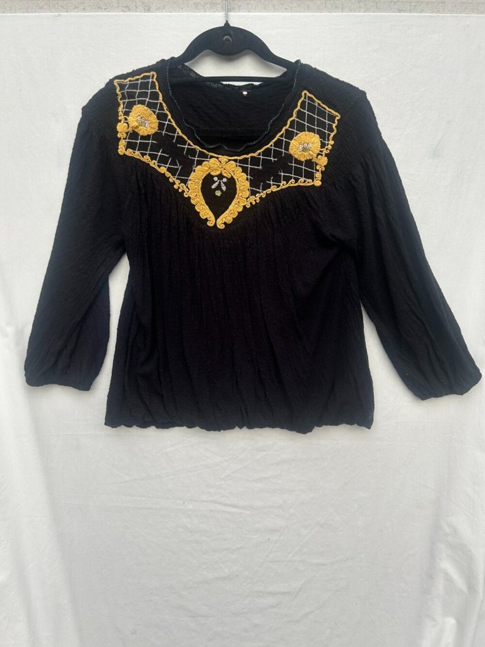 Free People Top Begonia Black Embroidered Smocked Boho Blouson Women